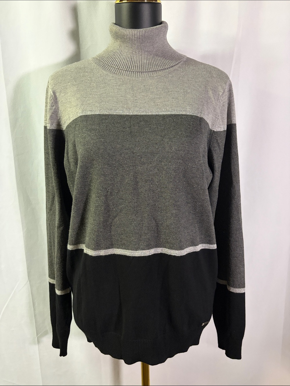 Calvin Klein Gray Black & Metallic Silver Striped Long Sleeve Turtleneck Sweater